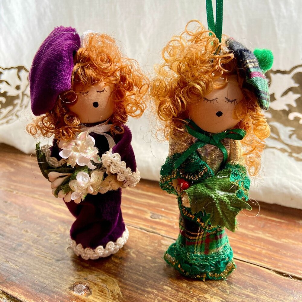 Vintage Lot of 2 Christmas Curly Hair Carolers Clothespin Holiday Tree Ornaments